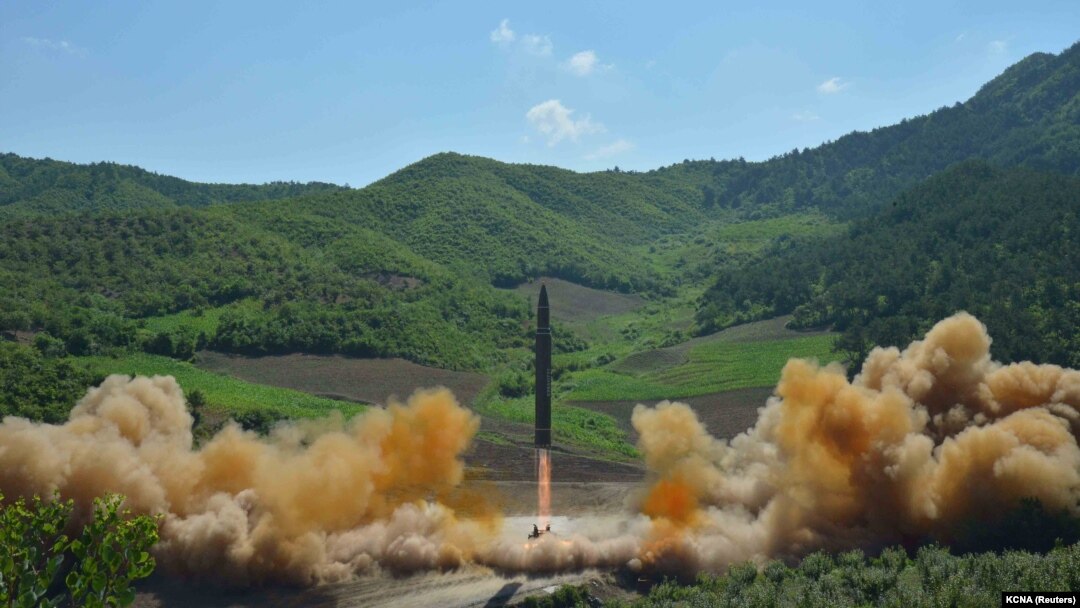 The intercontinental ballistic missile Hwasong-14 is seen during its test launch in this undated photo released by North Korea's Korean Central News Agency (KCNA) in Pyongyang, July, 4 2017. 