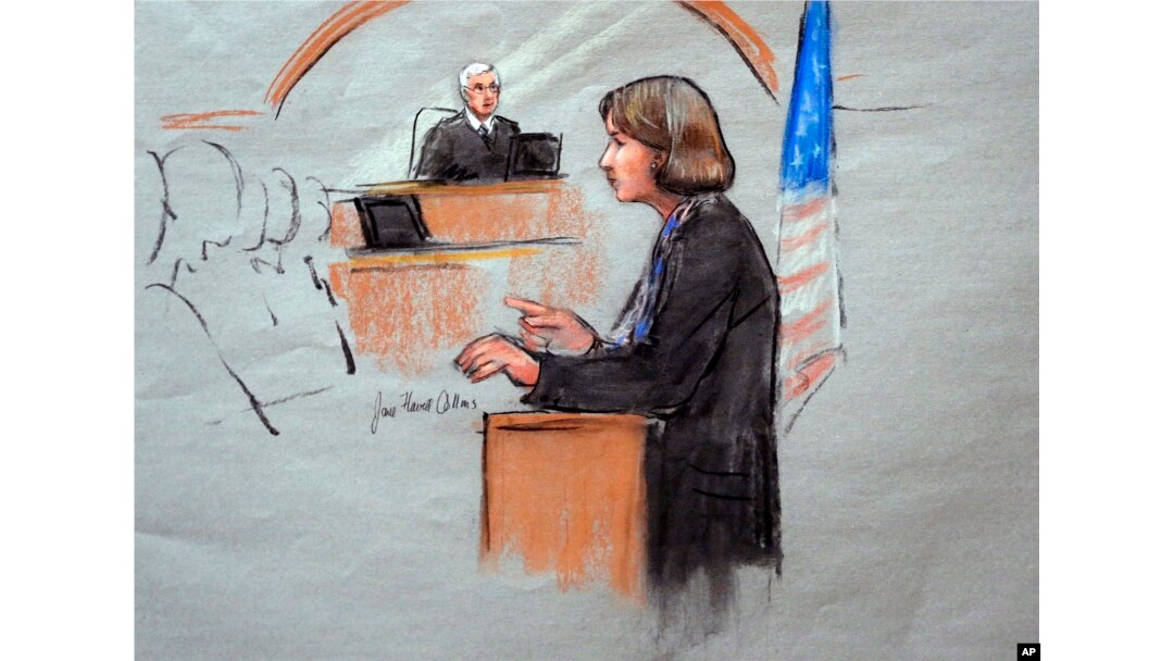 In this courtroom sketch, defense attorney Judy Clarke is depicted delivering opening statements in front of U.S. District Judge George O'Toole Jr., on the first day of the federal death penalty trial of Dzhokhar Tsarnaev, March 4, 2015, in Boston.