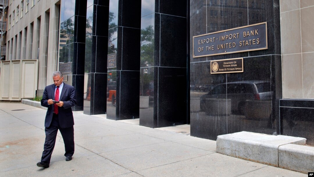 FILE - A man walks out of the Export-Import Bank, July 28, 2015, in Washington D.C. 