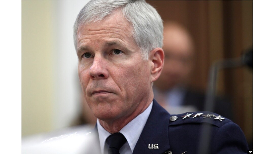 FILE - Gen. William Shelton, Commander, U.S. Air Force Space Command, testifies on Capitol Hill, Sept. 15, 2011.