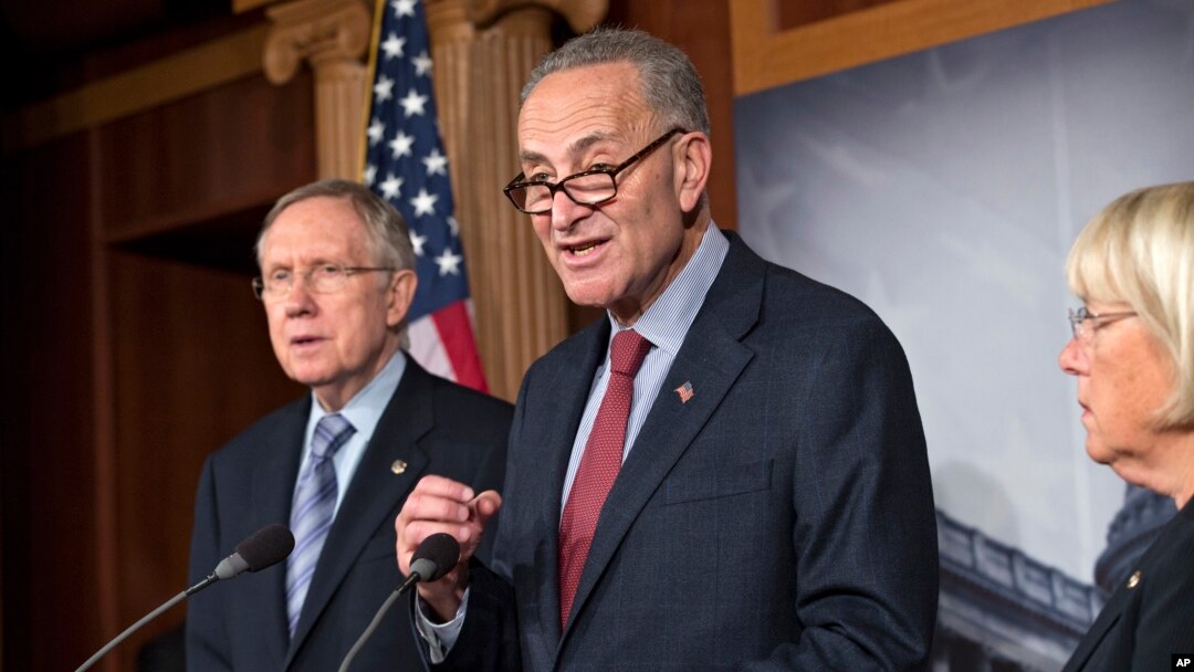 From left, Senate Majority Leader Harry Reid, D-Nev., Sen. Chuck Schumer, D-N.Y., the Democratic Policy Committee chairman, and Sen. Patty Murray, D-Wash., the Budget Committee chair, repeat their resolve to not touch the Affordable Care Act, on Capitol Hill in Washington, Sept. 19, 2013.