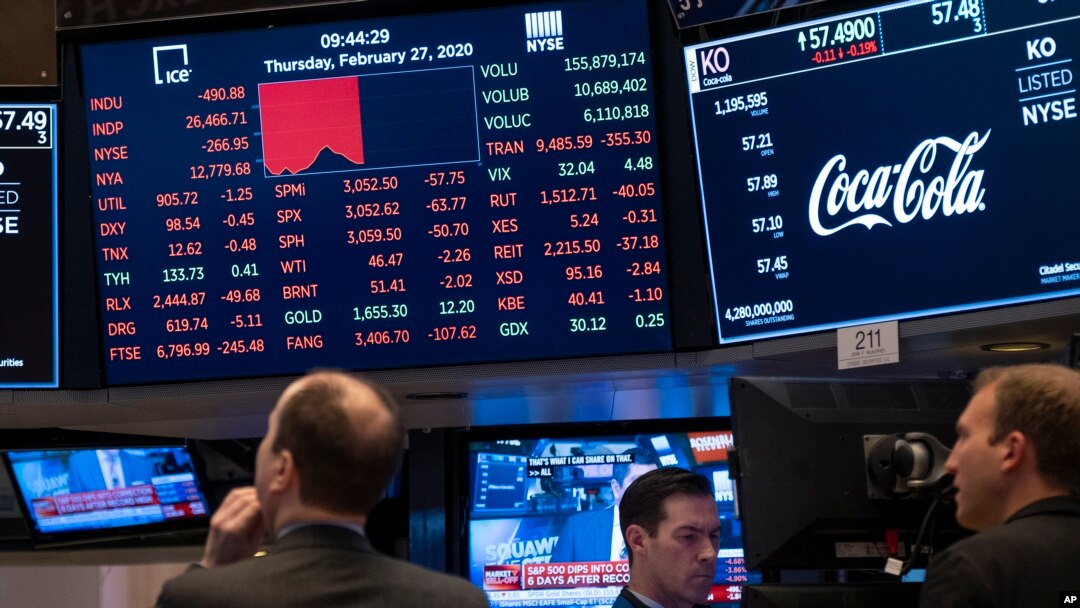 Stocks reflect declines on monitors as people work on the floor of the New York Stock Exchange, Feb. 27, 2020.