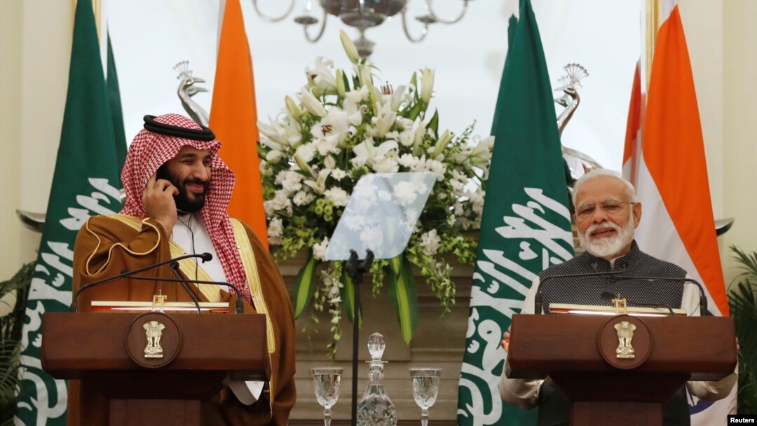 Saudi Arabia's Crown Prince Mohammed bin Salman attends a meeting with Indian Prime Minister Narendra Modi at Hyderabad House in New Delhi, India, Feb. 20, 2019. 