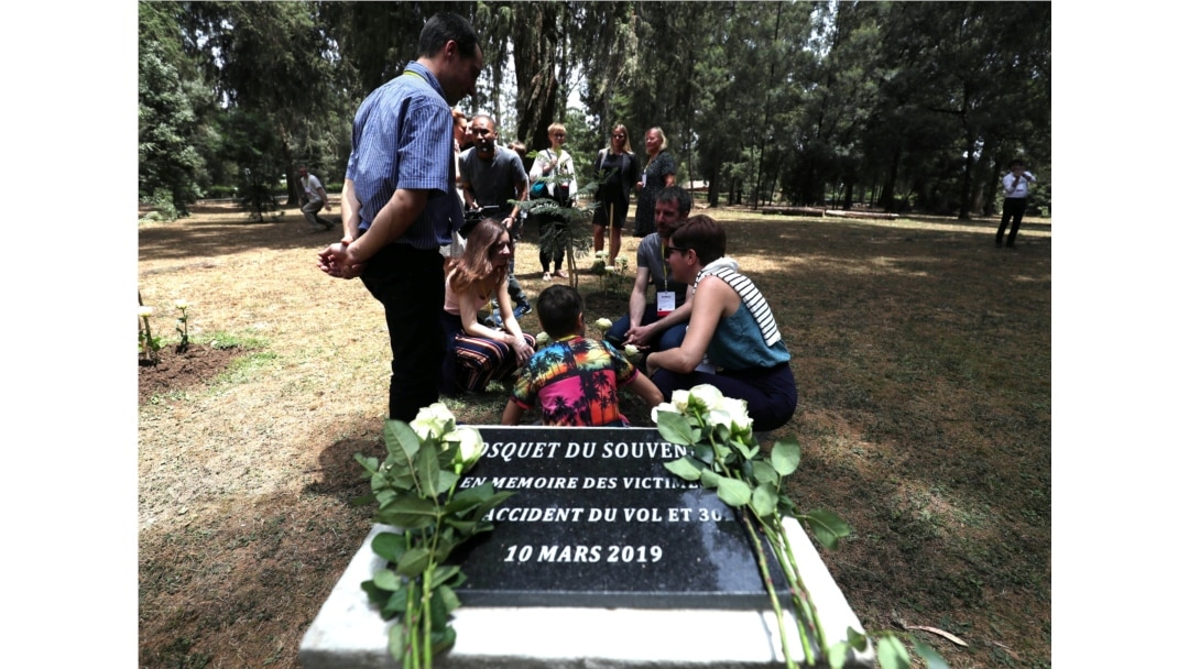 A monument for the victims of the Ethiopian Airlines Flight ET302 Boeing 737 Max plane crash is seen during a memorial ceremony at the French Embassy in Addis Ababa, March 9, 2020.