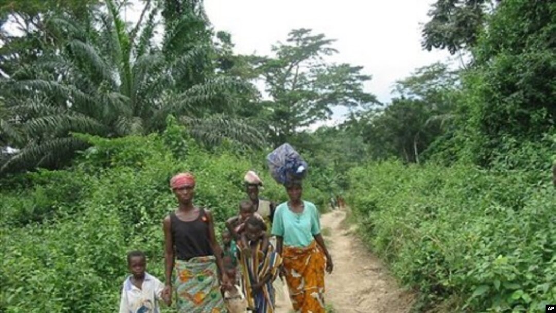 A group of Ivorian refugees trek onwards to the town Gborplay in Liberia, after being ferried across the Cestos river at the border with Ivory Coast in a raft (File Photo)