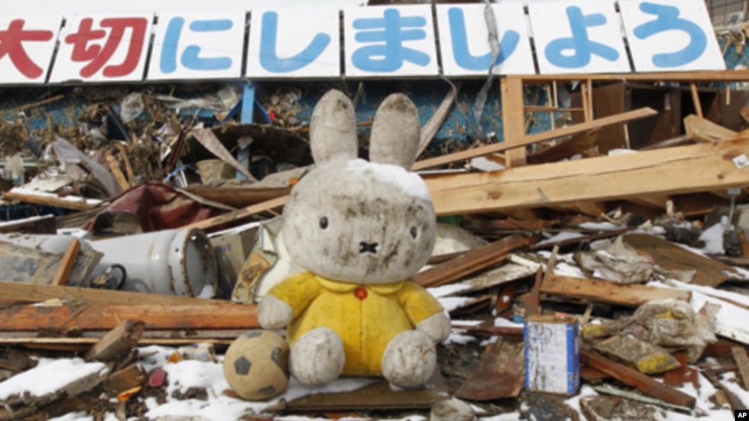 A stuffed toy is seen amidst rubble at an area hit by earthquake and tsunami in Kesennuma, north Japan, March 17, 2011