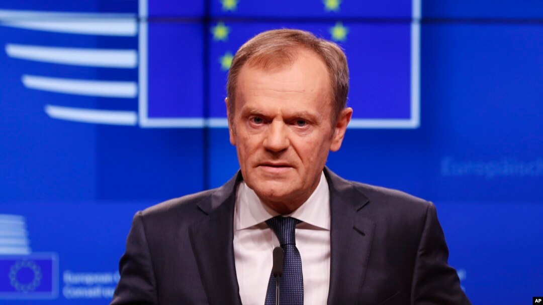 European Council President Donald Tusk speaks during a media conference on Brexit at the Europa building in Brussels, March 20, 2019.