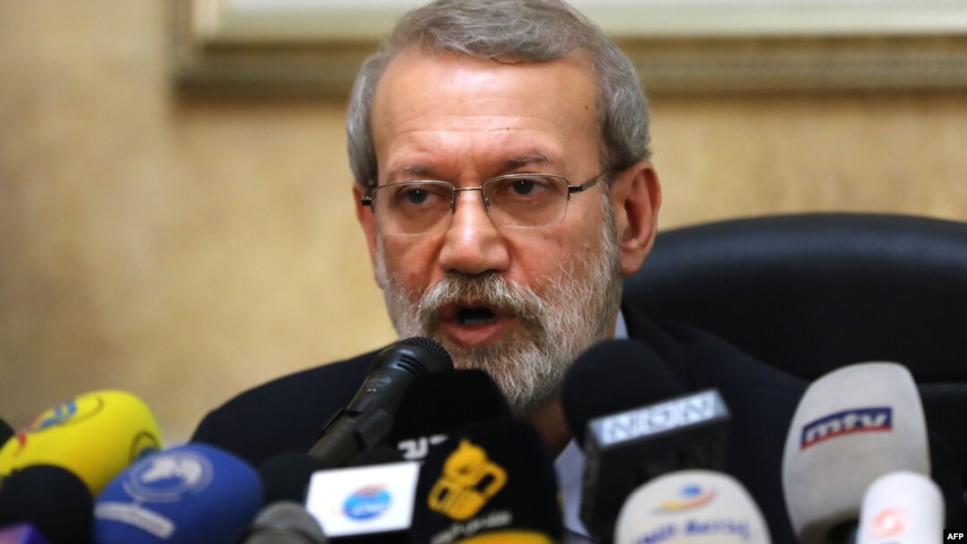 FILE - In this photo taken on Feb. 17, 2020, Iranian Parliament Speaker Ali Larijani gives a press conference at the Iranian Embassy in the Lebanese capital Beirut.