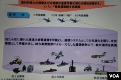 防卫省的资料也用图片说明了未来用X波段卫星取代现有卫星、统筹陆海空自卫队通讯功能 (美国之音歌蓝拍摄)