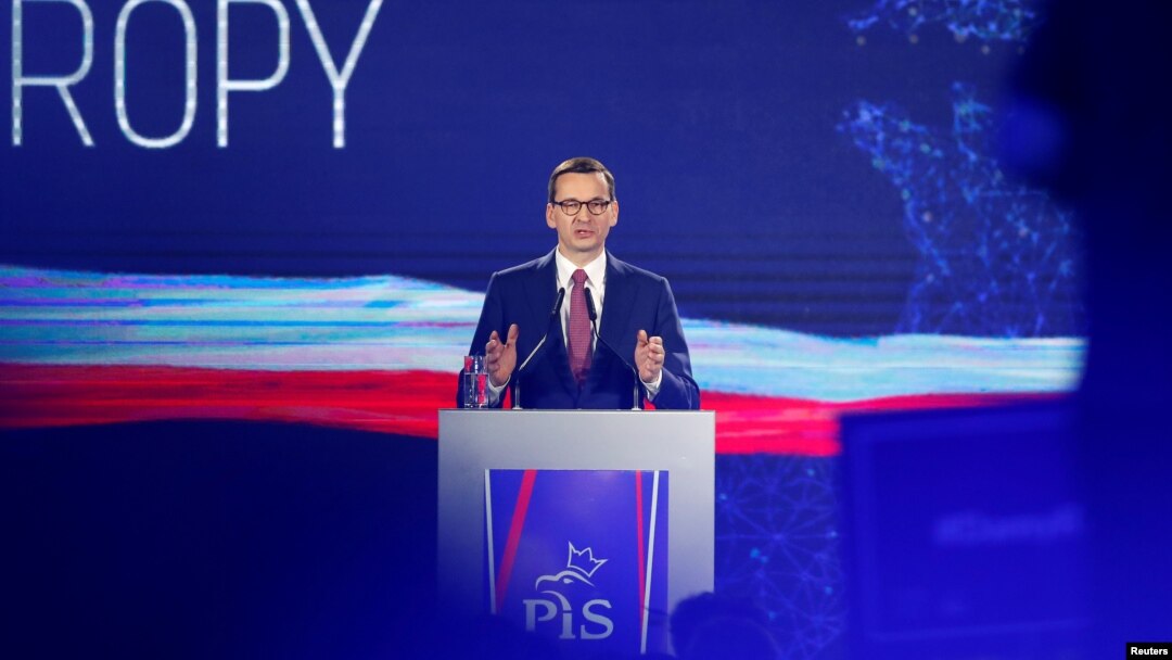 Poland's Prime Minister Mateusz Morawiecki speaks during a Law and Justice (PiS) party convention ahead of the EU election, in Krakow, May 19, 2019.