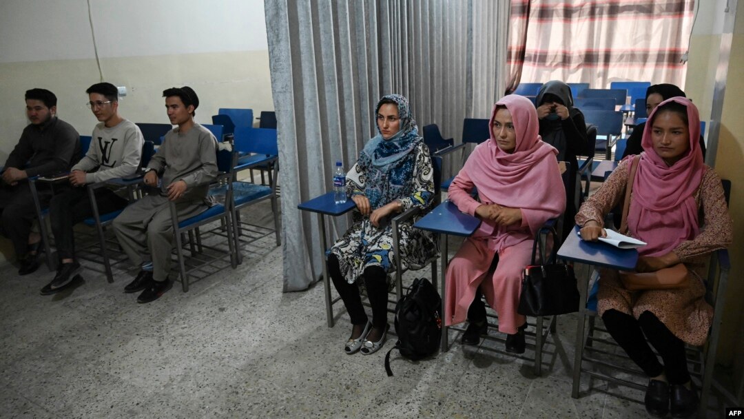 Students attend a class bifurcated by a curtain separating males and females at a private university in Kabul, Afghanistan, Sept. 7, 2021, to follow the Taliban's ruling.