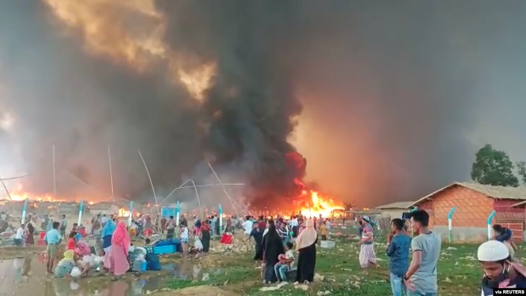 A fire is seen at a Balukhali refugee camp in Cox's Bazar, Bangladesh, March 22, 2021. (Courtesy of Rohingya Right Team/MD Arakani/Handout via Reuters)