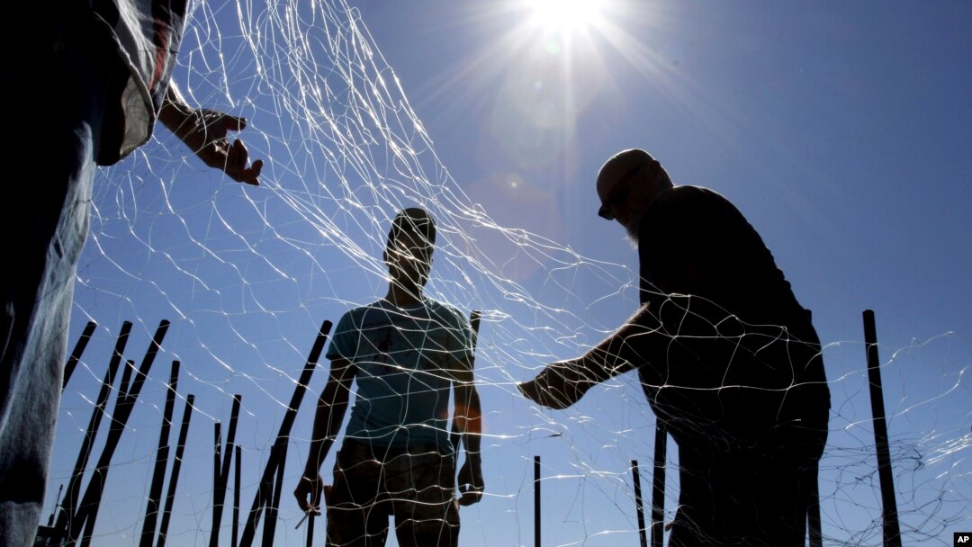 FILE - Gillnetters repair a net near the mouth of the Columbia River in Astoria, Ore.