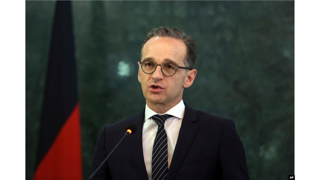 German Foreign Minister Heiko Maas, speaks during a press conference with Afghanistan's Foreign Minister Salahuddin Rabbani, in Kabul, Afghanistan, March 11, 2019.