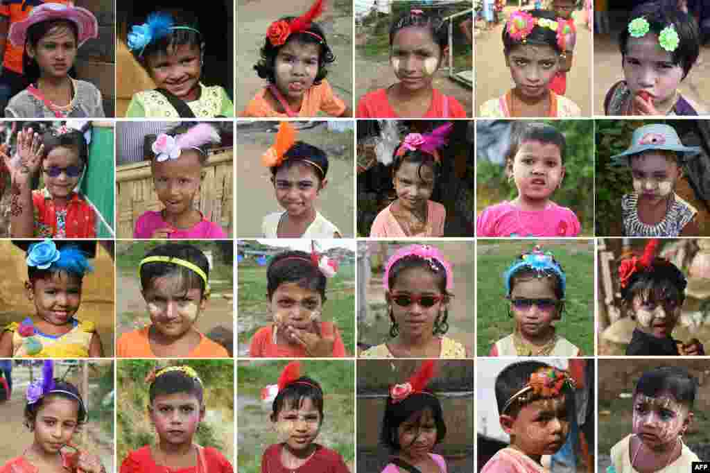 In this combination of images taken on August 22, 2018, young Rohingya refugee girls pose with their new clothes and make-up during Eid Al-Adha festival at Balukhali refugee camp in Ukhia district near Cox's Bazar. Nearly one million Rohingya Muslims marked Eid al-Adha on August 22 in the world's largest refugee camp, almost a year to the day since a brutal military crackdown drove the persecuted minority from Myanmar in huge numbers.