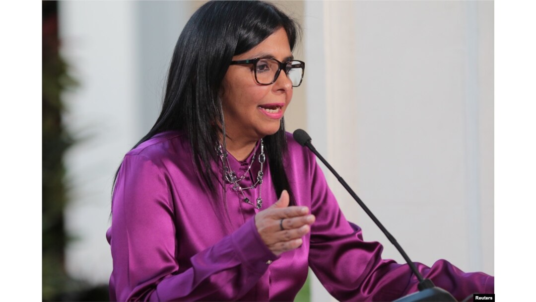 Venezuela's Foreign Minister Delcy Rodriguez speaks to the media at Miraflores Palace in Caracas, Venezuela April 26, 2017.