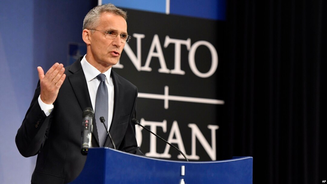 NATO Secretary-General Jens Stoltenberg speaks during a media conference at NATO headquarters in Brussels on April 26, 2018. 