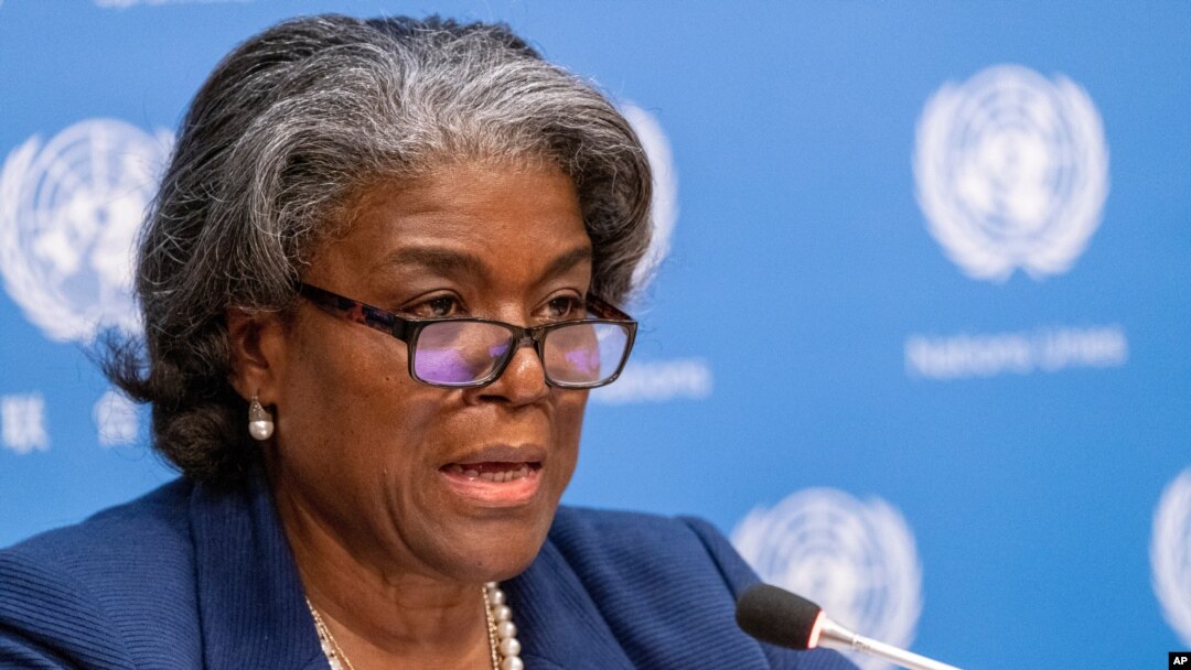 FILE - In this March 1, 2021 file photo, U.S. Ambassador to the United Nations, Linda Thomas-Greenfield speaks to reporters during a news conference at United Nations headquarters. 