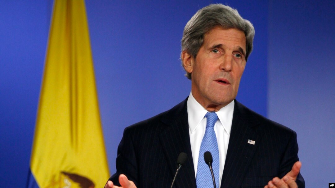 U.S. Secretary of State John Kerry speaks during a joint news conference at the Presidential Palace in Bogota, Colombia, Aug. 12, 2013. 