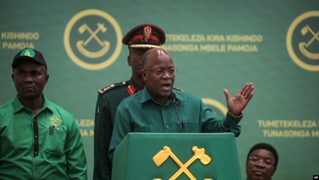 FILE - Tanzanian President John Magufuli speaks at the national congress of his ruling Chama Cha Mapinduzi party in Dodoma, Tanzania, July 11, 2020. 