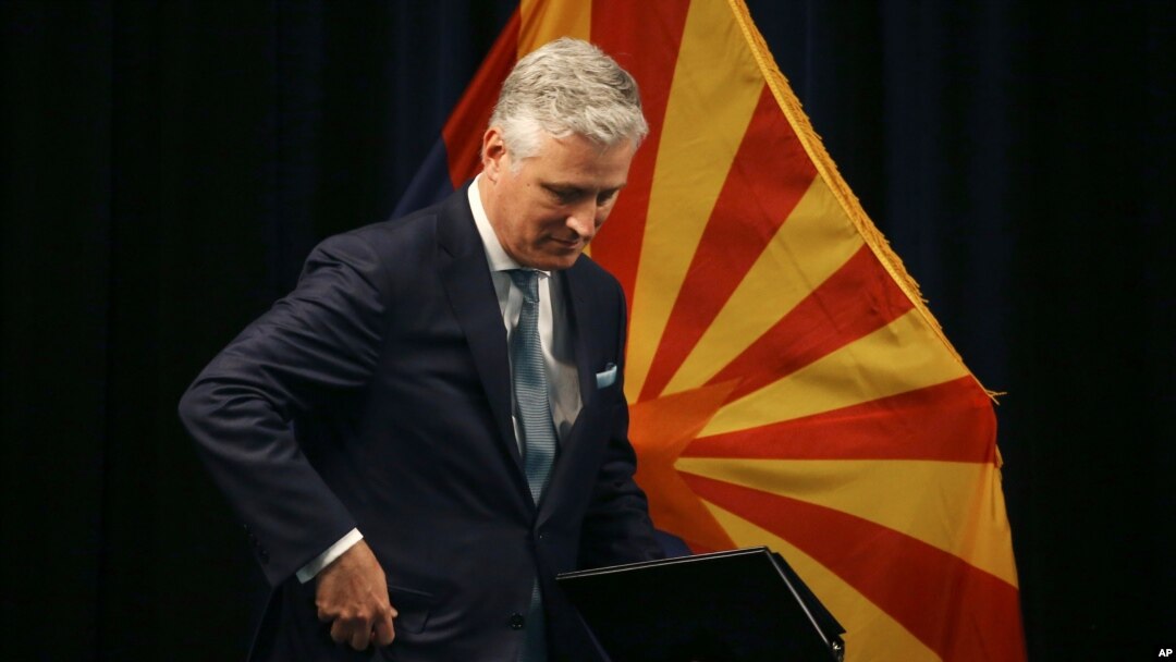 Robert O'Brien, assistant to the president for national security affairs, leaves the podium after speaking at a news conference regarding China, June 24, 2020, in Phoenix, Ariz.