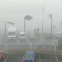 Category 1-strength winds bend palm trees as Hurricane Dorian slams into St. Thomas, U.S. Virgin Islands, Aug. 28, 2019, in this still image taken from social media video.