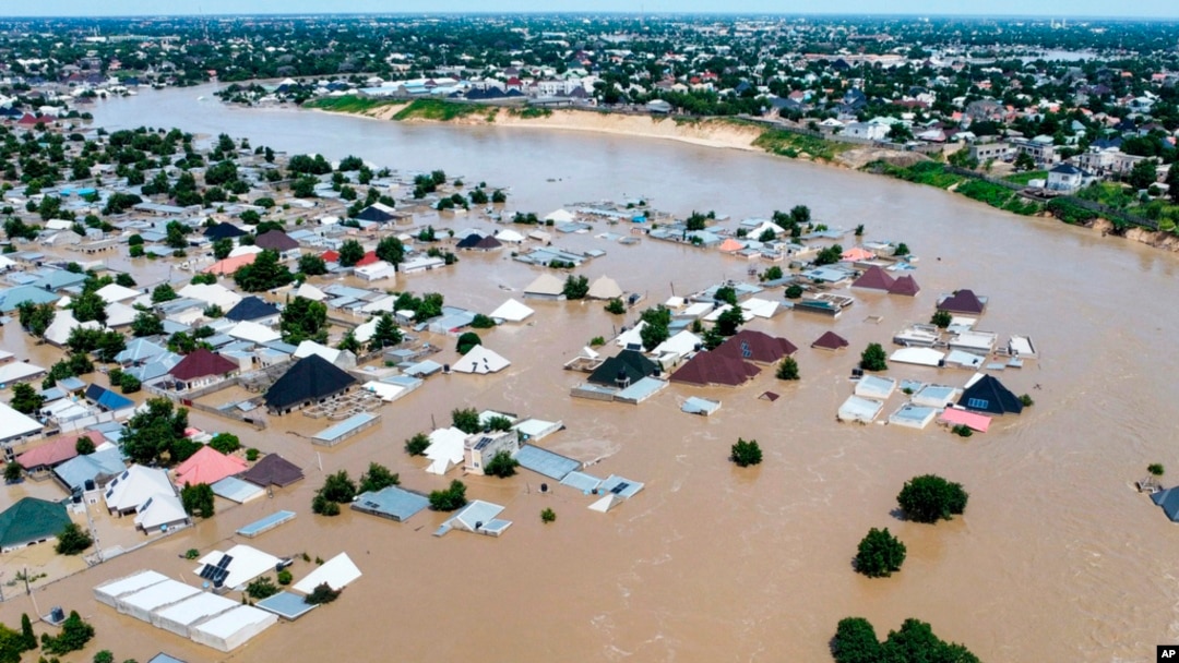 Houses are partially submerged following a dam collapse in Maiduguri, Nigeria, Sept. 10, 2024.