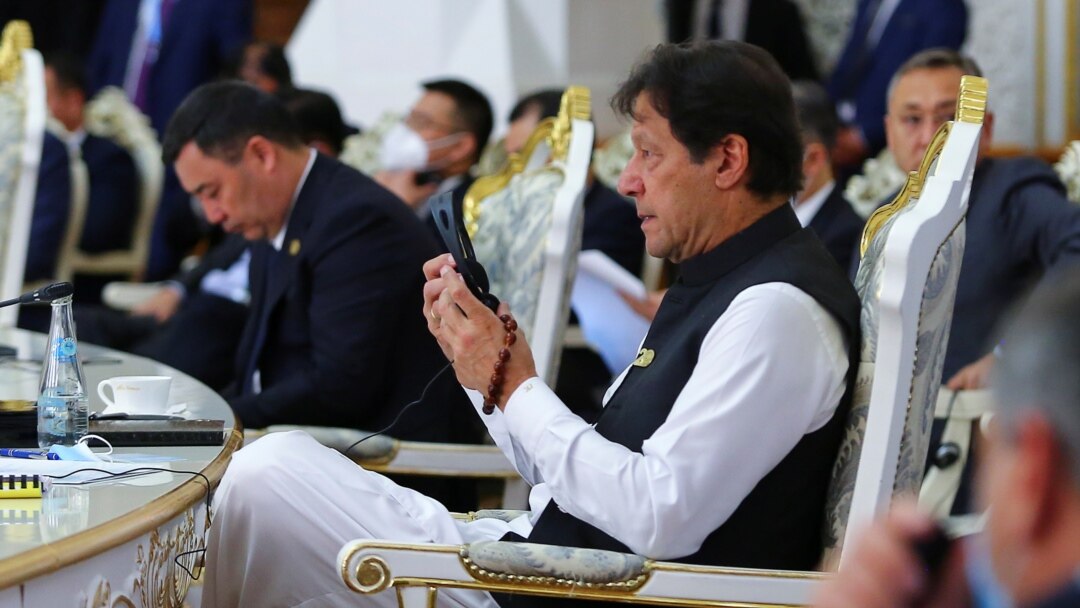 Pakistani Prime Minister Imran Khan attends the Shanghai Cooperation Organization summit in Dushanbe, Tajikistan, Sept. 17, 2021.