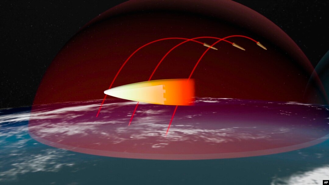 In this video grab provided by RU-RTR Russian television via AP television, March 1, 2018, a computer simulation shows the Avangard hypersonic vehicle maneuvering to bypass missile defenses en route to target. 