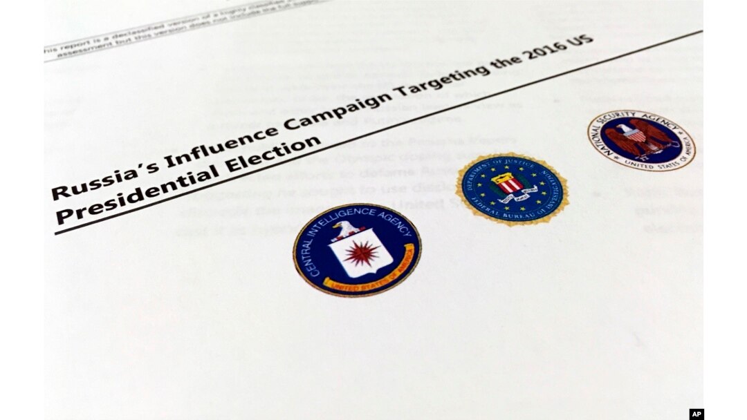 A part of the declassified version Intelligence Community Assessment on Russia's efforts to interfere with the U.S. political process is photographed in Washington, Jan. 6, 2017.
