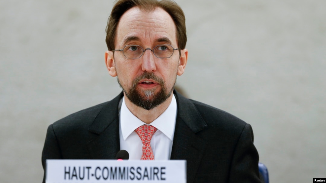 United Nations High Commissioner for Human FILE - Rights Zeid Ra'ad Al Hussein addresses delegates during a special session of the Human Rights Council on the situation in Burundi in Geneva, Switzerland, Dec. 17, 2015. 