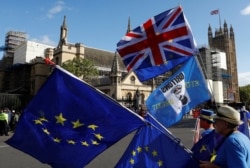 Anti-Brexit protesters hold flags outside the Houses of Parliament in London, Britain, Sept. 25, 2019.