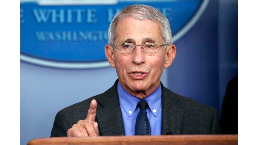 FILE - Dr. Anthony Fauci, director of the National Institute of Allergy and Infectious Diseases, speaks about the coronavirus in the White House, April 7, 2020.