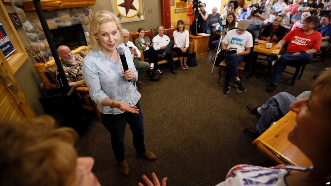 Democratic presidential candidate Sen. Kirsten Gillibrand speaks to local residents at a coffee shop, May 25, 2019, in Mason City, Iowa.
