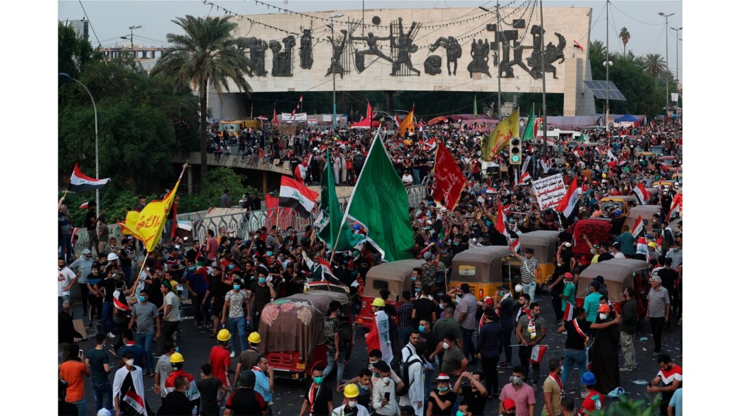 Anti-government protesters gather during a demonstration in Baghdad, Iraq, Oct. 29, 2019.