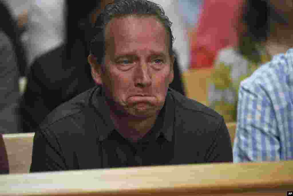 Frank Rzucek the father of Shanann Watts, listens during Christopher Watts' arraignment hearing at the Weld County Courthouse in Greeley, Colorado. Watts is charged with first-degree murder in the deaths of his pregant wife, Shanann, and 4-year-old Bella and 3-year-old Celeste.