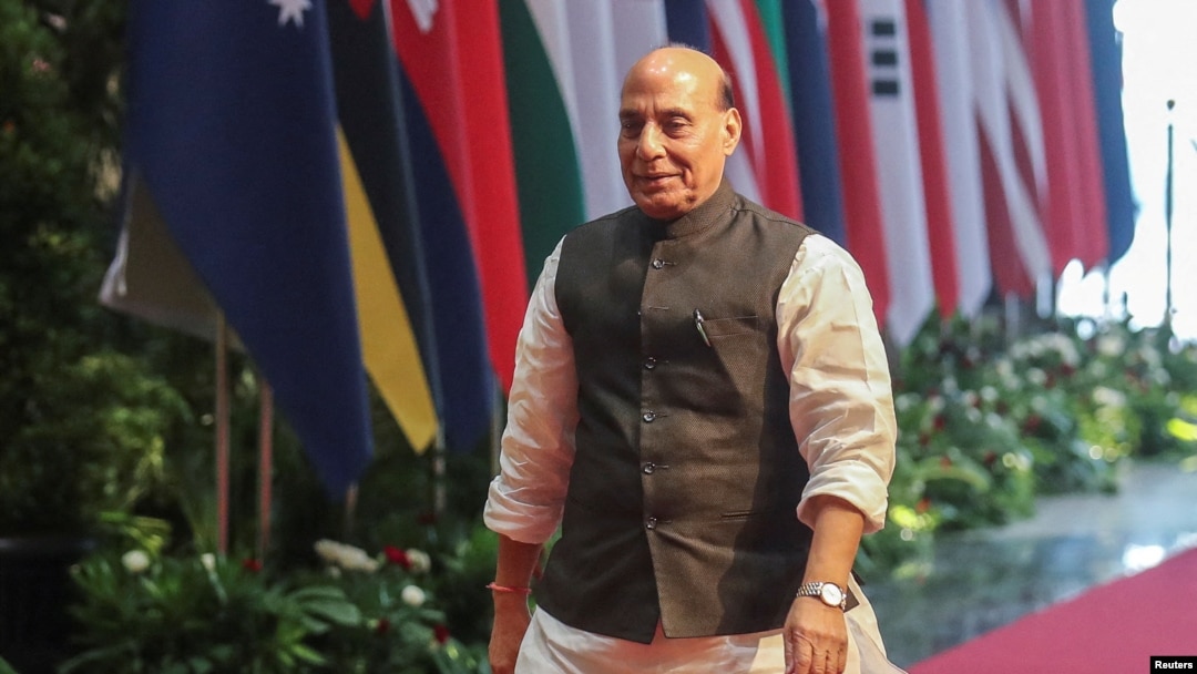 FILE - India's Defense Minister Rajnath Singh arrives for an ASEAN Defense Ministers Meeting - Plus in Jakarta, Nov. 16, 2023. India has sought to counter China as Beijing grows its influence in India's neighborhood through investments and development projects.