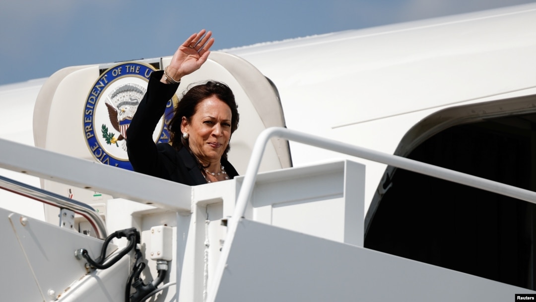 U.S. Vice President Kamala Harris waves as she boards Air Force Two for her first international trip as vice president to Guatemala and Mexico, at Joint Base Andrews, Maryland, June 6, 2021.