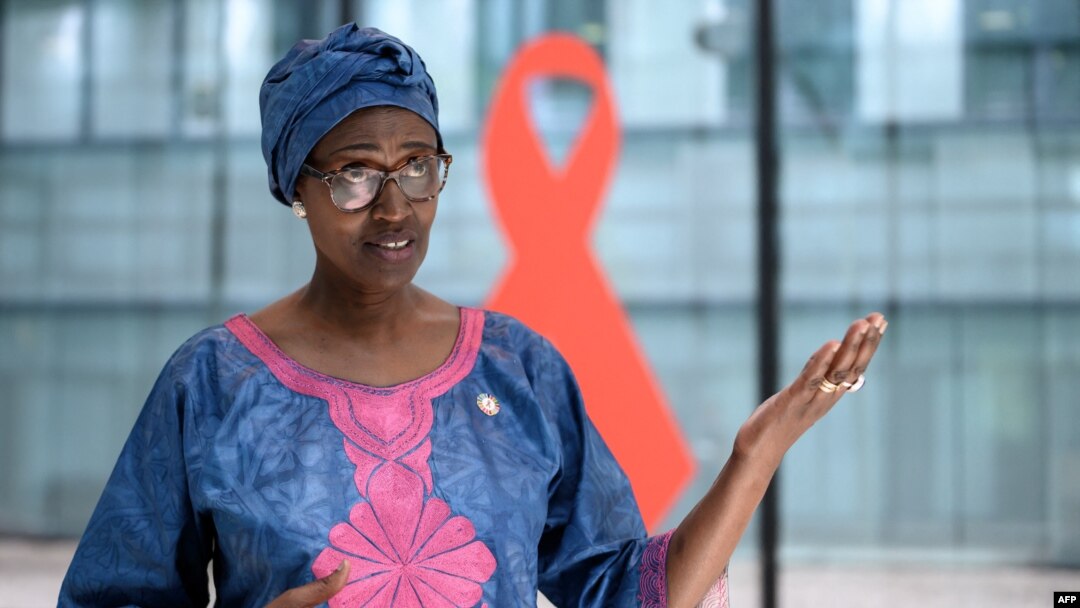 FILE - UNAIDS Executive Director Winnie Byanyima answers in Geneva, July 3, 2020.
