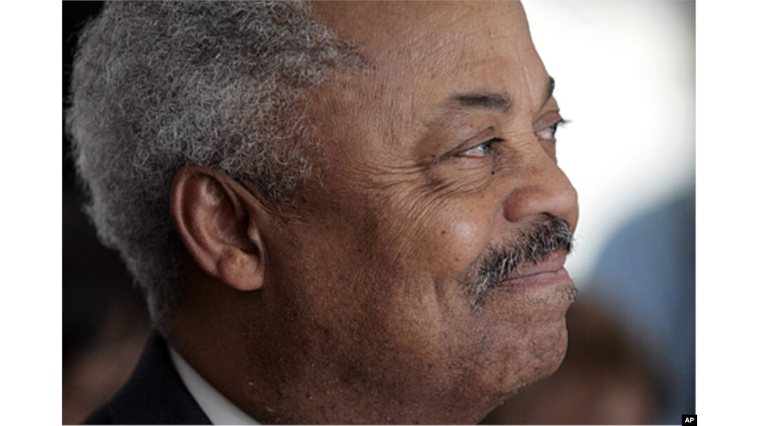 US Rep. Donald Payne, D-N.J., reacts while sitting in the audience during a ceremony to honor him by naming a plaza at the Essex County court complex the Congressman Donald M. Payne Plaza in Newark, New Jersey, April 20, 2009.