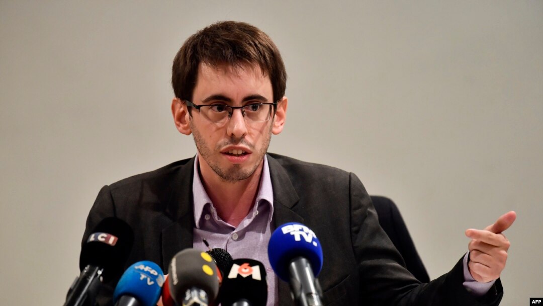 Quentin Guillemain, president of the victim's association of the Lactalis baby milk products contaminated with Salmonella gives a press conference, on January 12, 2018 in Paris.