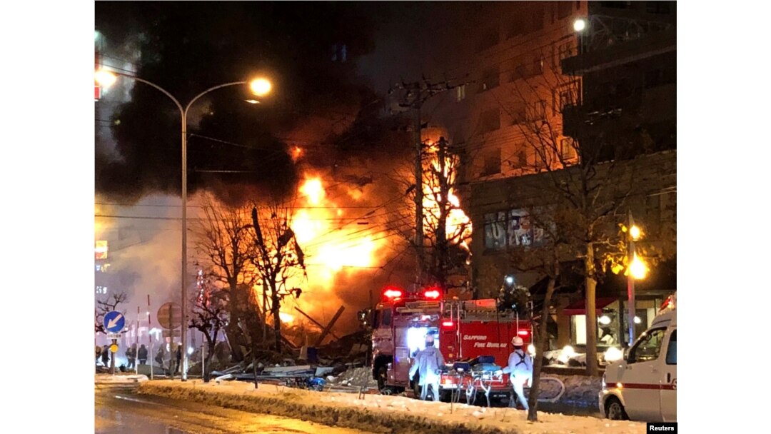 A view of a site of an explosion at a bar in Sapporo, Japan, Dec. 16, 2018 in this still image taken from a video obtained from social media.