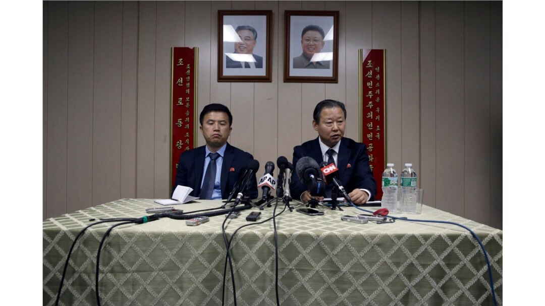 FILE - Ambassador of the Permanent Mission of the Democratic People's Republic of Korea to the United Nations Jang Il Hun, right, is joined by Kwon Jong Gun at a news conference at the DPRK mission in New York, July 28, 2015.