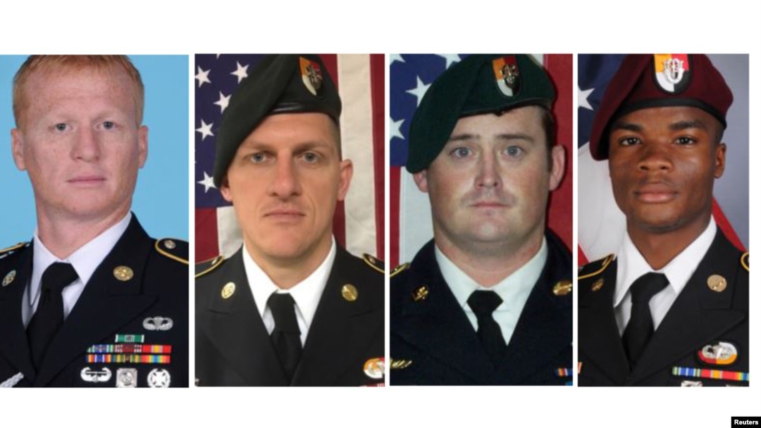 A combination photo of U.S. Army Special Forces Sergeant Jeremiah Johnson, left to right, U.S. Special Forces Sgt. Bryan Black, U.S. Special Forces Sgt. Dustin Wright and U.S. Special Forces Sgt. La David Johnson killed in Niger, West Africa, Oct. 4, 2017, in these handout photos released Oct. 18, 2017. 