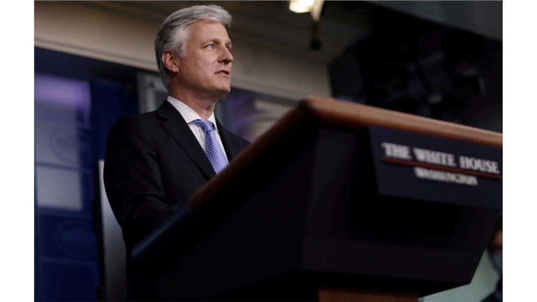 FILE - National security adviser Robert O'Brien speaks during a press briefing at the White House in Washington, Sept. 4, 2020.
