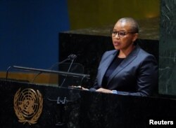 FILE - South Africa's ambassador to the U.N., Mathu Joyini, speaks at the United Nations Headquarters in Manhattan, New York, March 1, 2022.