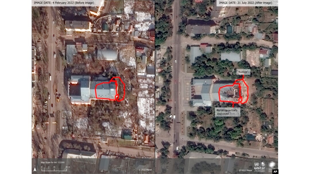 This satellite image provided by Maxar Satellite Imagery Analysis via UNOSAT, shows the ''Korabelny'' Palace of Culture, in Mykolaiv, Ukraine, Feb. 4, 2022, left, and the same site on Thursday, July 21, 2022. (Maxar Satellite Imagery Analysis by UNOSAT vi