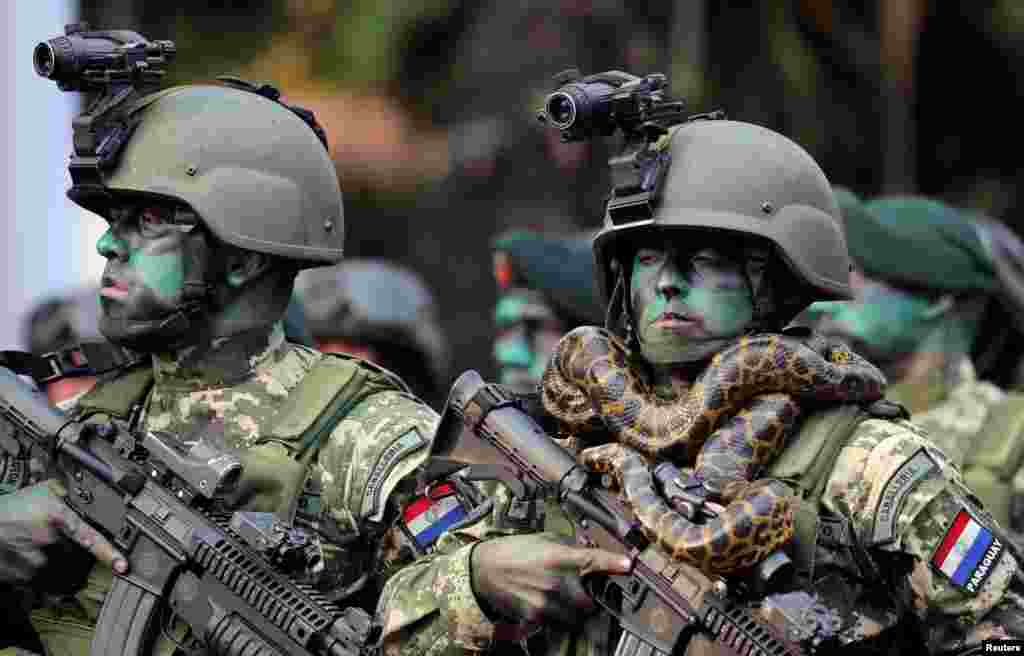 Members of Paraguayan Army's Special Forces Cavalry, one of them with a snake around his neck, walk in front of Paraguay's new President Mario Abdo Benitez (not pictured) during a military parade in Asuncion, Aug. 15, 2018.