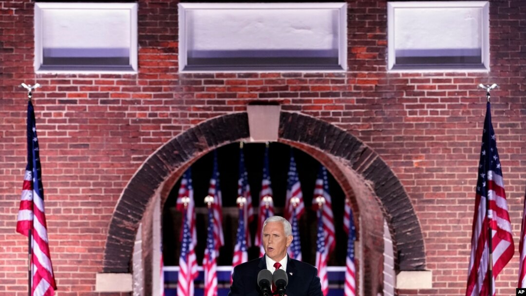 Vice President Mike Pence speaks on the third day of the Republican National Convention at Fort McHenry National Monument and Historic Shrine in Baltimore, Aug. 26, 2020. 