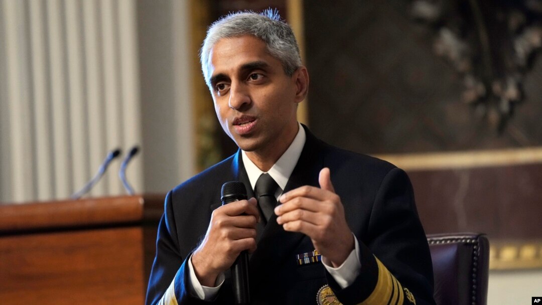 FILE - Surgeon General Dr. Vivek Murthy speaks during an event on the White House complex in Washington, April 23, 2024.